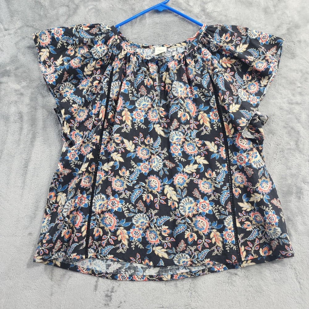 Roan + Ryan Top Womens L Black Floral Flutter Sleeve Boho Peasant‎ Blouse Casual